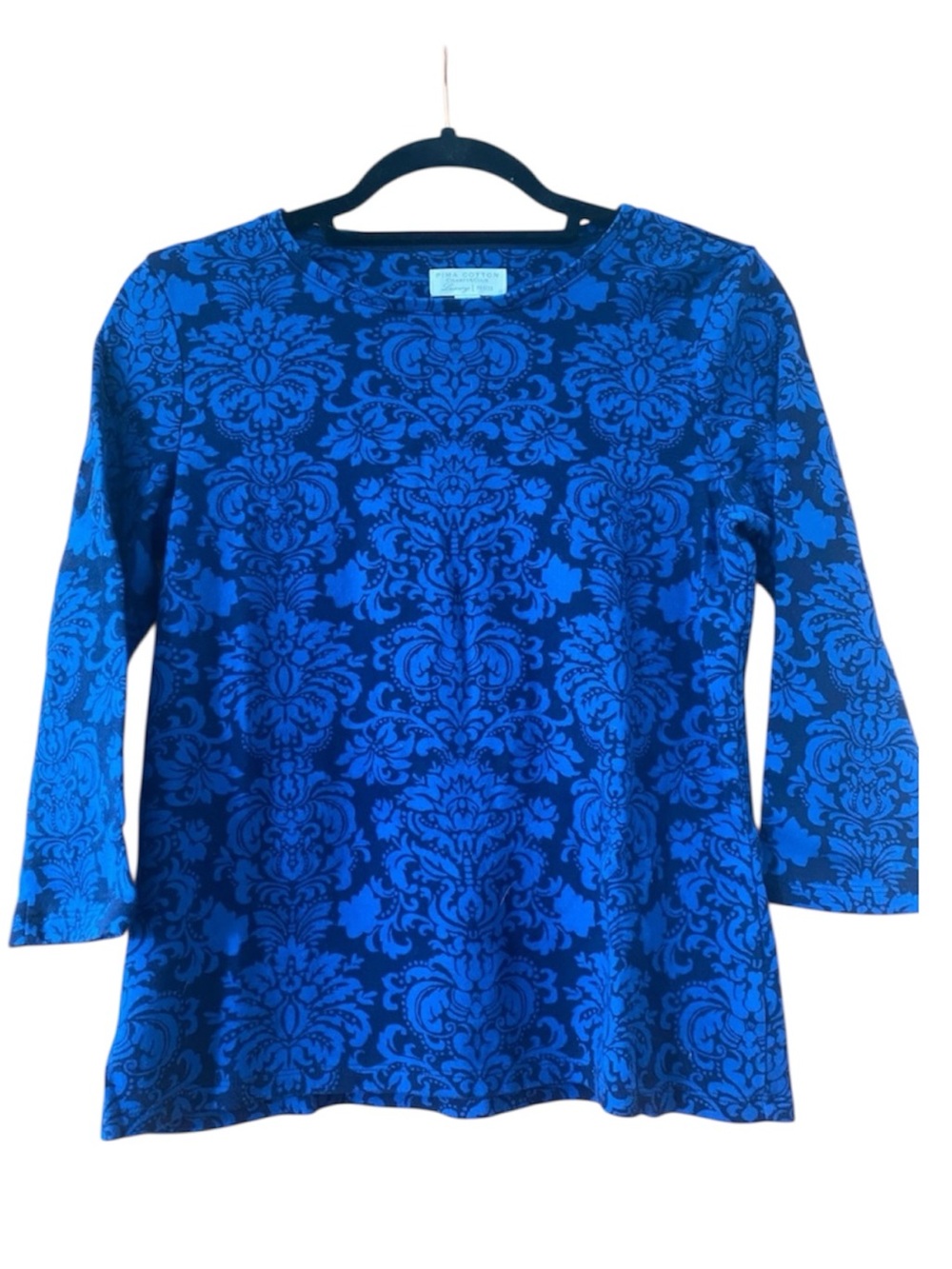 Charter Club Luxury Pima Cotton Blue Damask 3/4 Sleeve Top Petite M PM